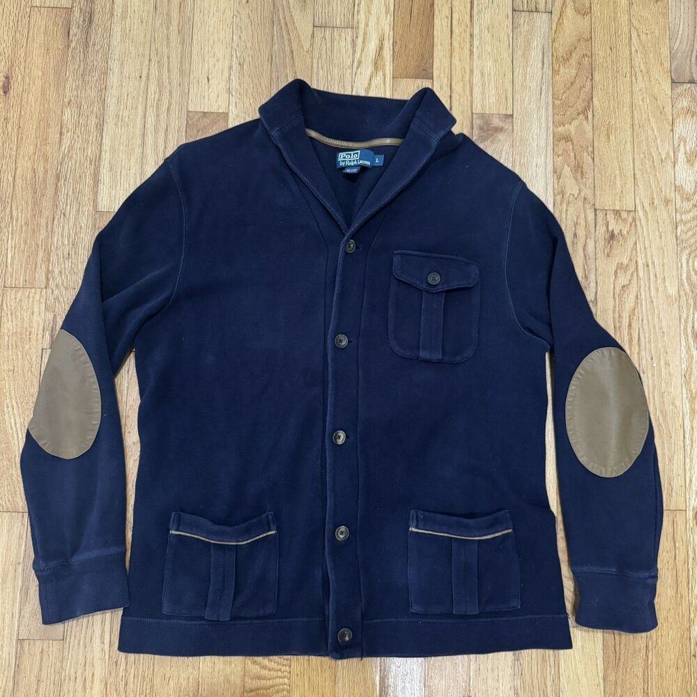Vtg Mens Polo Ralph Lauren Blue Shawl Cardigan Elbow leather patch OG  L Cotton
